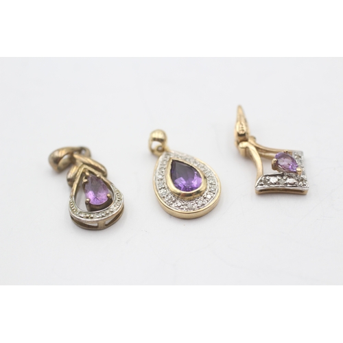 75 - 3x 9ct gold amethyst & diamond pendants (4.3g)