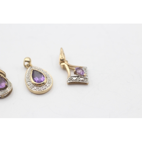 75 - 3x 9ct gold amethyst & diamond pendants (4.3g)