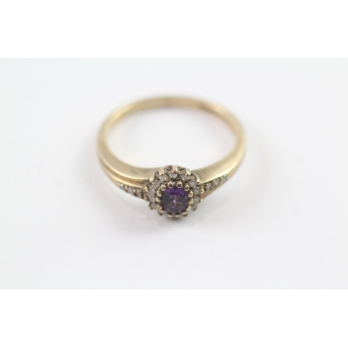 83 - 9ct gold vintage amethyst and diamond halo dress ring w/ diamond set shoulders Size Q