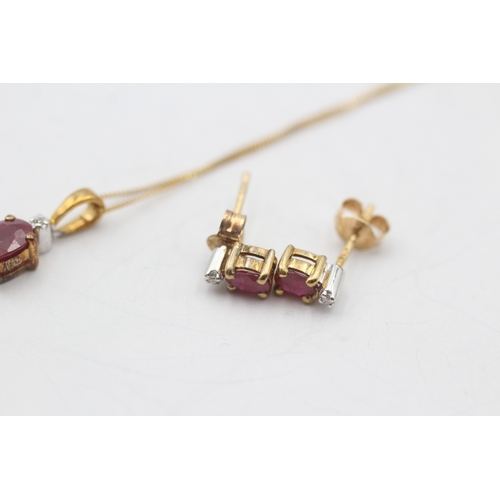 90 - 9ct gold ruby and diamond earring and necklace set (2.1g)