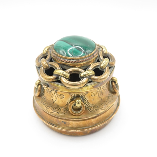 389 - Indian brass inkwell topped with malachite