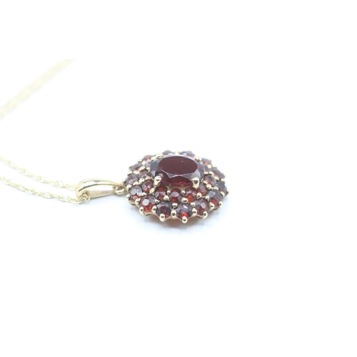 101 - 9ct gold garnet double halo pendant on chain (2.4g)