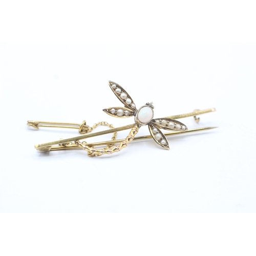 107 - 9ct gold opal and seed pearl dragonfly brooch (4.3g)