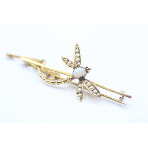 107 - 9ct gold opal and seed pearl dragonfly brooch (4.3g)