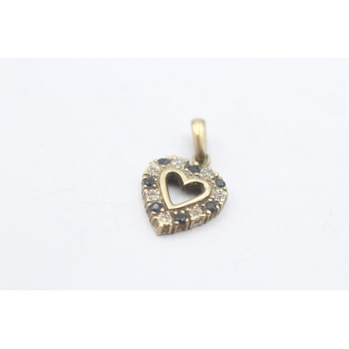 112 - 2x 9ct gold sapphire & diamond heart shape pendants (4.1g)