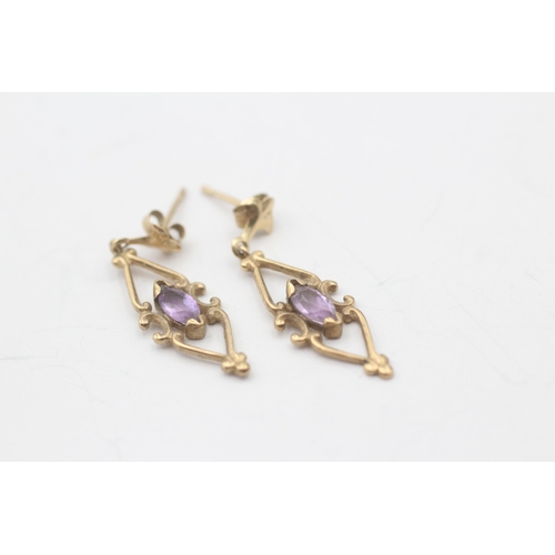 114 - 2x 9ct gold amethyst stud & drop earrings (1.7g)