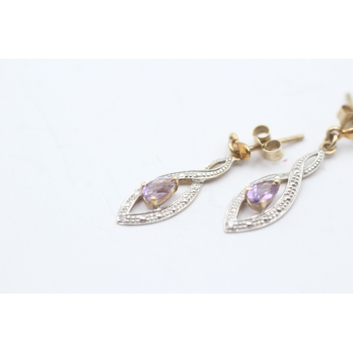 123 - 9ct gold amethyst and diamond drop stud earrings (1.2g)