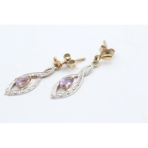 123 - 9ct gold amethyst and diamond drop stud earrings (1.2g)