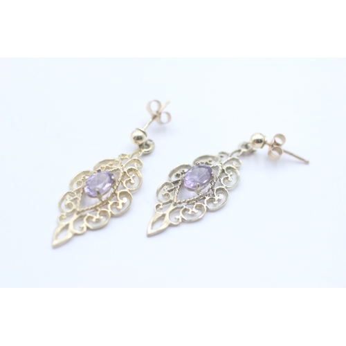 14 - 9ct gold vintage style amethyst drop earrings (1.8g)