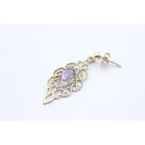 14 - 9ct gold vintage style amethyst drop earrings (1.8g)