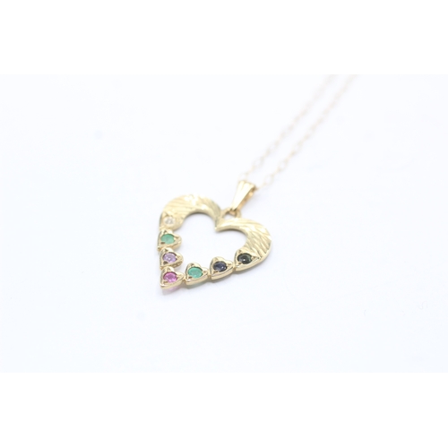 144 - 9ct gold diamond, emerald, amethyst, ruby, sapphire, and tourmaline 'dearest' heart pendant on chain... 