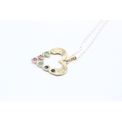 144 - 9ct gold diamond, emerald, amethyst, ruby, sapphire, and tourmaline 'dearest' heart pendant on chain... 