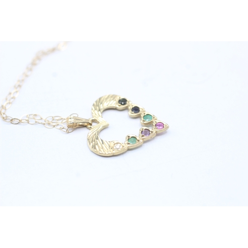 144 - 9ct gold diamond, emerald, amethyst, ruby, sapphire, and tourmaline 'dearest' heart pendant on chain... 