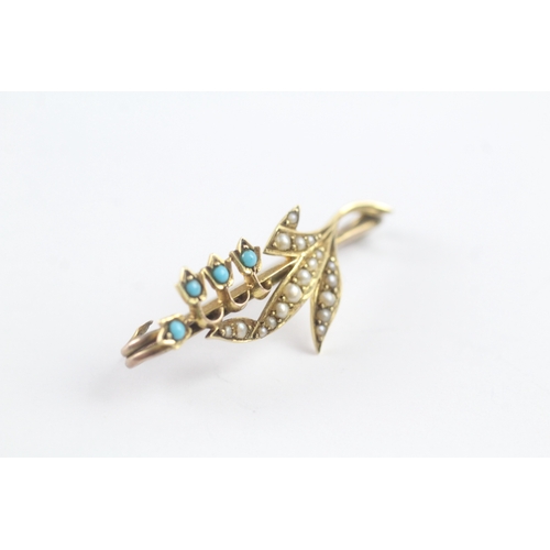 171 - 9ct gold antique turquoise and seed pearl floral brooch (2.4g)