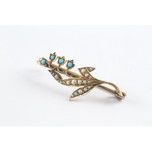 171 - 9ct gold antique turquoise and seed pearl floral brooch (2.4g)