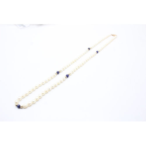 175 - 14ct gold clasped cultured pearl and lapis lazuli beaded necklace (12.2g)