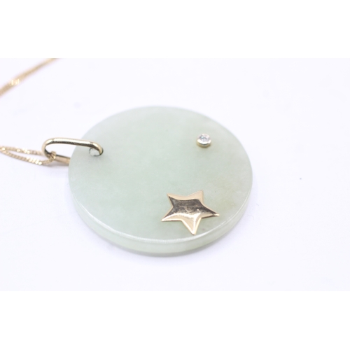 190 - 9ct gold and jade and diamond star pendant on chain (7.6g)