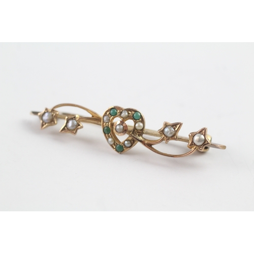 204 - 9ct gold antique turquoise and seed pearl bar brooch (2.4g)