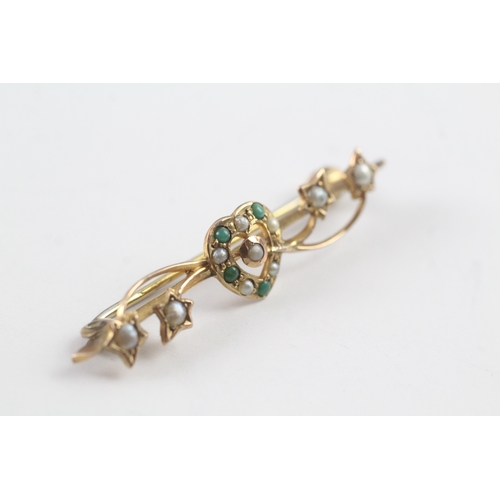 204 - 9ct gold antique turquoise and seed pearl bar brooch (2.4g)