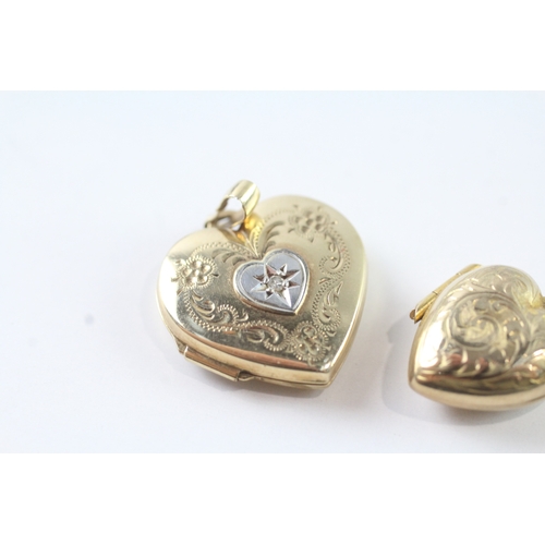 216 - 2x 9ct gold diamond heart shape locket pendants (3.7g)