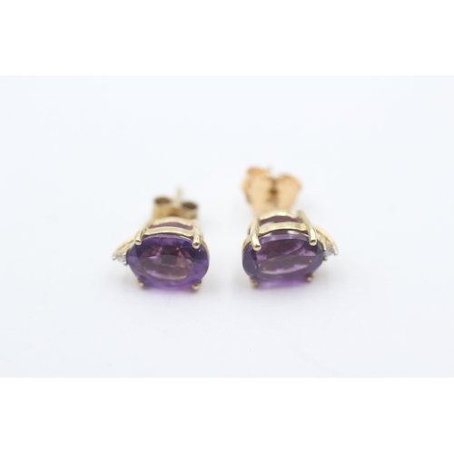 222 - 9ct gold amethyst & diamond stud earrings (2.6g)