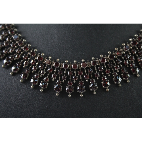 263 - Antique Silver Bohemian Garnet Fringe Collar Necklace 29g