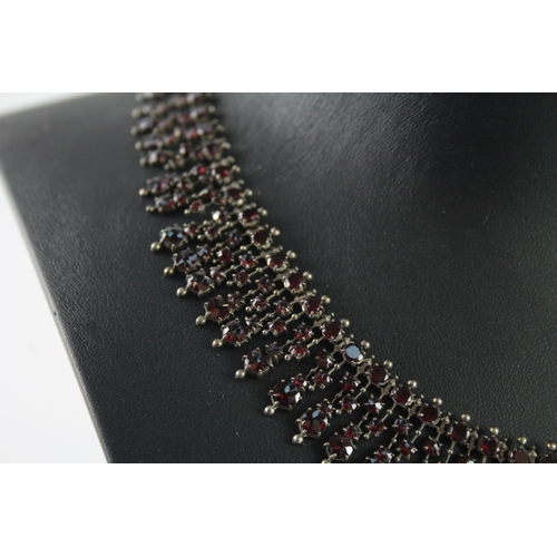 263 - Antique Silver Bohemian Garnet Fringe Collar Necklace 29g