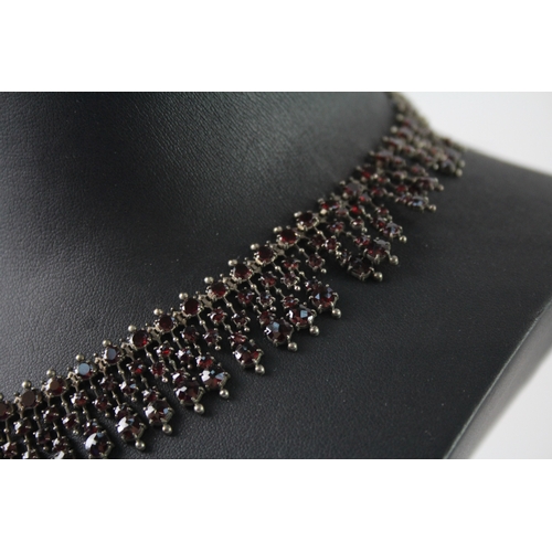 263 - Antique Silver Bohemian Garnet Fringe Collar Necklace 29g