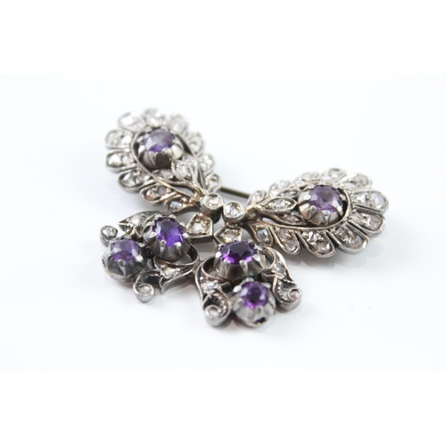 271 - Antique Silver Old Cut Diamond & Amethyst Brooch 14g