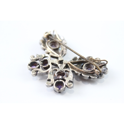 271 - Antique Silver Old Cut Diamond & Amethyst Brooch 14g