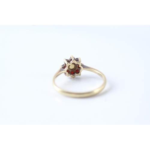 3 - 9ct gold garnet and cultured pearl floral cluster dress ring (1.9g) Size O