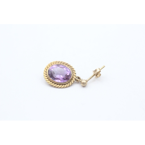 32 - 9ct gold amethyst drop earrings (2.2g)