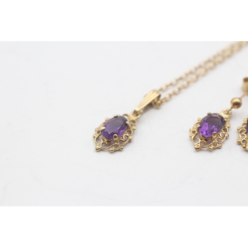 40 - 2x 9ct gold amethyst drop earrings & necklace (3.7g)