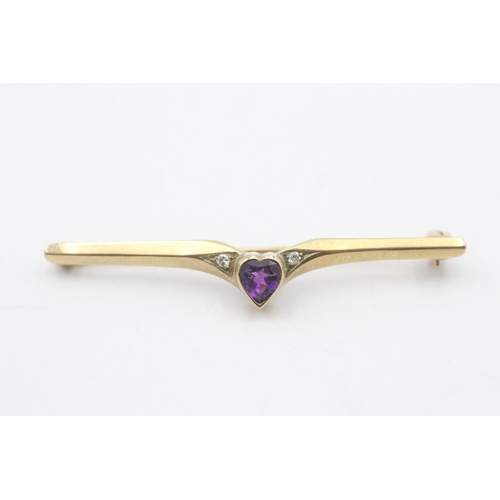 55 - 9ct gold amethyst & diamond bar brooch (2.3g)