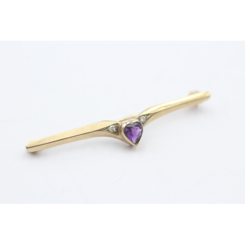 55 - 9ct gold amethyst & diamond bar brooch (2.3g)