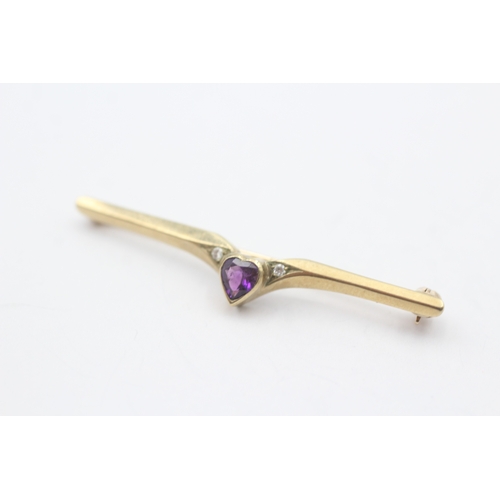 55 - 9ct gold amethyst & diamond bar brooch (2.3g)