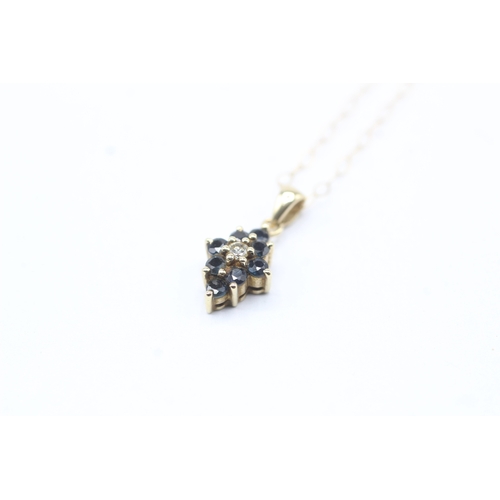 78 - 9ct gold sapphire and diamond drop pendant on chain (1.2g)