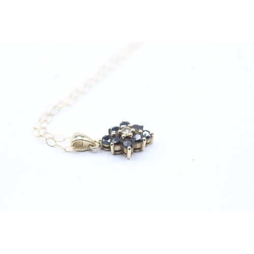 78 - 9ct gold sapphire and diamond drop pendant on chain (1.2g)