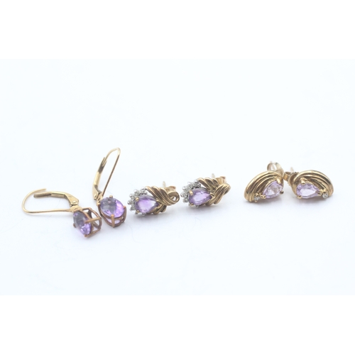 81 - 3x 9ct gold amethyst & diamond earrings (4.9g)