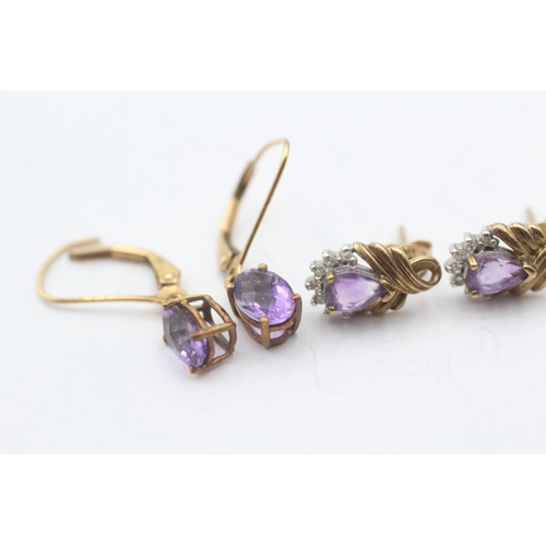 81 - 3x 9ct gold amethyst & diamond earrings (4.9g)