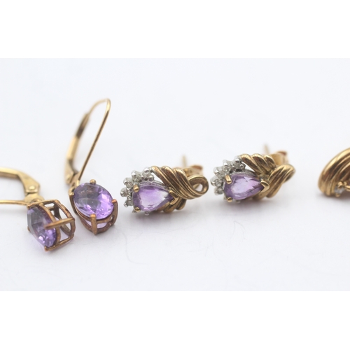 81 - 3x 9ct gold amethyst & diamond earrings (4.9g)