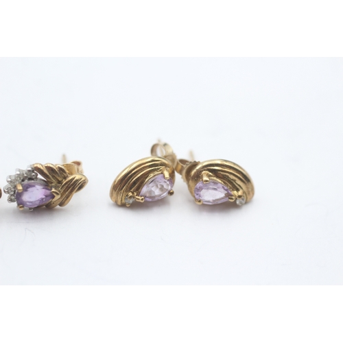 81 - 3x 9ct gold amethyst & diamond earrings (4.9g)