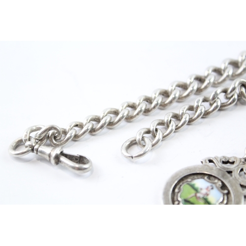 337 - Antique / Vintage .925 Sterling Silver Fob & Heavy Curb Link Albert Chain (90g)