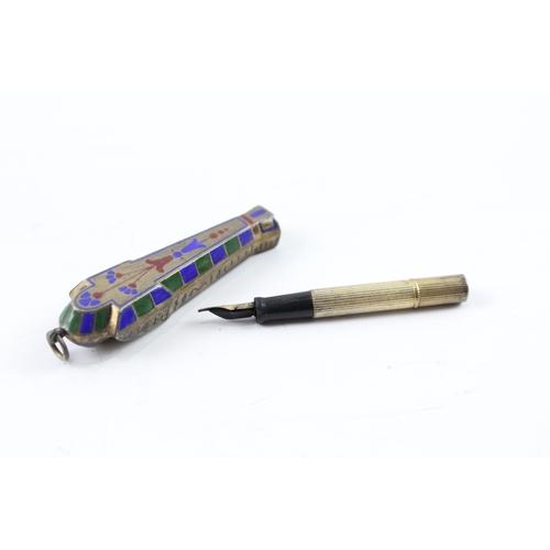 353 - Vintage Egyptian Revival Novelty Enamel Fountain Pen w/ 14ct Gold Nib WRITING