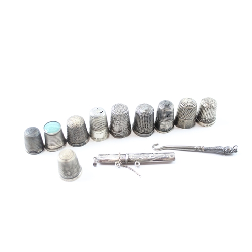 12 x Antique / Vintage .925 Sterling Silver Haberdashery Inc Thimbles Etc (50g)