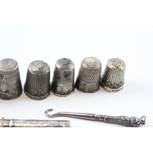 356 - 12 x Antique / Vintage .925 Sterling Silver Haberdashery Inc Thimbles Etc (50g)