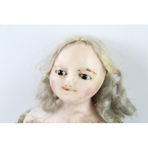 395 - Antique Wax Coated Composition Doll W/ Original Glass Eyes & Blonde Eyes