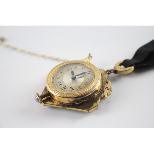 426 - Women's Vintage Gold Tone Enamelled Horse Fob Watch Hand-Wind WATCH RUNS