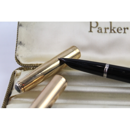 437 - 2 x Vintage Parker 51 Black Fountain Pens w/ 14ct Nibs WRITING Gold Plate Caps