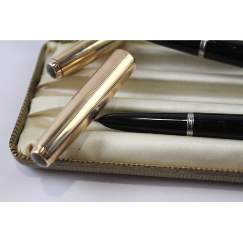 437 - 2 x Vintage Parker 51 Black Fountain Pens w/ 14ct Nibs WRITING Gold Plate Caps